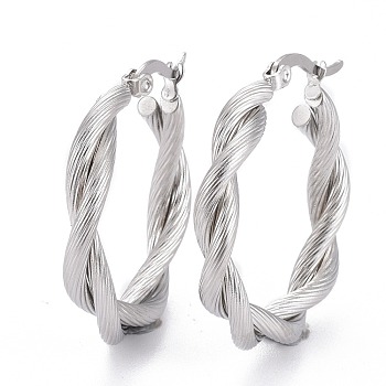 304 Stainless Steel Hoop Earring, Hypoallergenic Earrings, with Ear Nut, Textured, Twisted Ring Shape, Stainless Steel Color, 30x5mm, Pin: 0.5x1mm