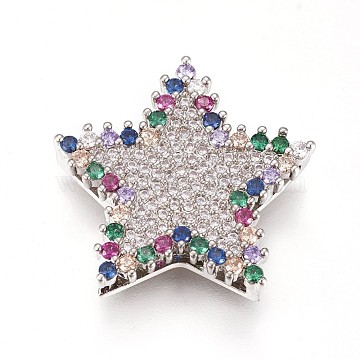 Environmental Brass Micro Pave Cubic Zirconia Pendants, Multi-strand Links, Long-Lasting Plated, Lead Free & Cadmium Free & Nickel Free, Star, Colorful, Real Platinum Plated, 24.5x24.5x5.5mm, Hole: 2x3.5~10.5mm(ZIRC-L078-004P-NR)