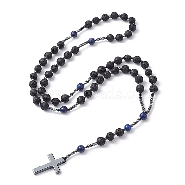 Natural Lapis Lazuli & Lava Rock & Synthetic Hematite Rosary Bead Necklaces(NJEW-JN04461-01)-4