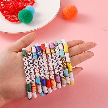 10 pcs 10 style encourager mot polymère argile heishi surfeur bracelets extensibles sertis de coeur(BJEW-SW00041)-2