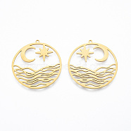 201 Stainless Steel Pendants, Flat Round with Star & Moon, Real 18K Gold Plated, 33x31x1mm, Hole: 1.4mm(STAS-N090-LA913-2)
