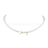 Brass Micro Pave Grade AAA Cubic Zirconia Letter Pendant Necklaces, Heart & Round Baking Painted Pearlized Glass Pearl Beaded Necklaces for Women, Letter I, 15.20 inch(38.6cm)(NJEW-JN04771-09)