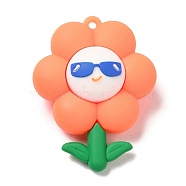 PVC Plastic Big Pendants, Flower with Smiling Face Charm, Light Salmon, 52.5x41x21mm, Hole: 3mm(PVC-M001-01A)