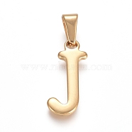 304 Stainless Steel Pendants, Golden, Initial Letter.J, 21x10x1.8mm, Hole: 3x7mm(STAS-F106-95G-J-01)