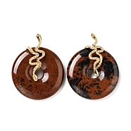 Natural Mahogany Obsidian Pendants, with Ion Plating(IP) Golden Tone 304 Stainless Steel Findings, Snake with Donut/Pi Disc Charm, 37~40x30x12~13mm, Hole: 10.5x2mm(G-E088-01G-04)