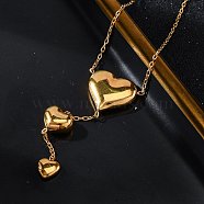 304 Stainless Steel 3 Heart Y Pendant Necklaces, Ion Plating(IP), Real 14K Gold Plated, 16.57 inch(42.1cm)(NJEW-U026-07G)