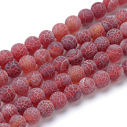 Natural & Dyed Crackle Agate Bead Strands, Frosted Style, Round, Dark Red, 10mm, Hole: 1.2mm, about 37~40pcs/strand, 14.9~15.1 inch(38~38.5cm)(X-G-T056-10mm-05)