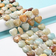 Natural Flower Amazonite Beads Strands, with Seed Beads, Heart, 14~15x15x6~6.5mm, Hole: 1.4mm, about 23~24pcs/strand, 14.57''(37cm)(G-E614-A21-01)
