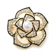 Camellia Flower Plastic Pearl Enamel Pins, Alloy Badge with Crystal Rhinestone for Women, Golden, 33x33x10.5mm(JEWB-G034-01G)