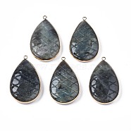 Natural Labradorite Pendants, with Light Gold Plated Brass Findings, Teardrop, 50~51x31~31.5x10mm, Hole: 2mm(G-N326-108F)