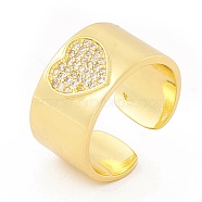 Clear Cubic Zirconia Heart Chunky Open Cuff Ring, Brass Jewelry for Women, Cadmium Free & Lead Free, Real 18K Gold Plated, US Size 6 1/2(16.9mm)(RJEW-I083-17G)