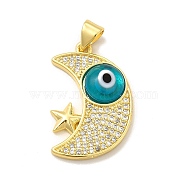 Rack Plating Brass Micro Pave Clear Cubic Zirconia Pendants, with Handmade Evil Eye Lampwork, Cadmium Free & Lead Free, Long-Lasting Real 18K Gold Plated, Moon with Star Charm, Deep Sky Blue, 25x16.5x4mm, Hole: 5x3.5mm(LAMP-A153-01G-05)