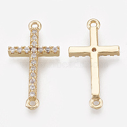 Cubic Zirconia Links, Real 18K Gold Plated, with Brass Findings, Sideways Cross, Clear, 17.5x9x1.5mm, Hole: 1mm(KK-S348-084)
