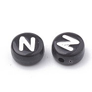 Opaque Acrylic Beads, Letter Style, Horizontal Hole, Flat Round, Letter.N, 7x4mm, Hole: 1.5mm(X-SACR-N002-02N)