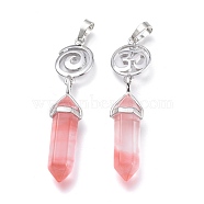 Cherry Quartz Glass Pointed Big Pendants, Double Terminated Pointed, with Platinum Plated Brass Findings, Faceted, Bullet, 59~67x14~15mm, Hole: 7x5mm, Gemstone: 41~44x8mm(G-D0021-01P-20)