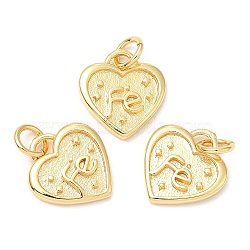 Rack Plating Brass Charms, Long-Lasting Plated, with Jump Ring, Lead Free & Cadmium Free, Heart with Word Fe Charm, Real 18K Gold Plated, 12.5x11.5x1.5mm, Hole: 3mm(KK-A185-08G)
