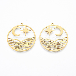 201 Stainless Steel Pendants, Flat Round with Star & Moon, Real 18K Gold Plated, 33x31x1mm, Hole: 1.4mm(STAS-N090-LA913-2)