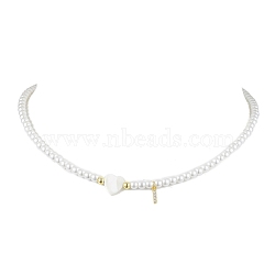 Brass Micro Pave Grade AAA Cubic Zirconia Letter Pendant Necklaces, Heart & Round Baking Painted Pearlized Glass Pearl Beaded Necklaces for Women, Letter I, 15.20 inch(38.6cm)(NJEW-JN04771-09)