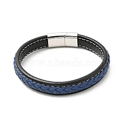Cowhide Braided Flat Cord Bracelet with 304 Stainless Steel Magnetic Clasps, Gothic Jewelry for Men Women, Royal Blue, 9-5/8 inch(24.5cm)(BJEW-H552-01P-04)