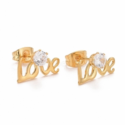 Word Love 304 Stainless SteelStud Earrings, with 316 Stainless Steel Pin & Glass Imitation Cubic Zirconia, Golden, 8x12.5mm, Pin: 0.7mm(EJEW-C019-14G)