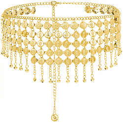 Alloy Multi Layers Flat Round Waist Belt with Curb Chains, Belly Dance Hip Scarfs, Golden, 43-1/8 inch(109.5cm)(FIND-WH20010-06G)