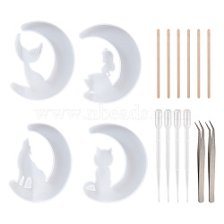 DIY Silicone Moon Molds Kits, Baking Molds, with 304 Stainless Steel Beading Tweezers, Plastic Dropper, Birch Wooden Craft Ice Cream Sticks, White, 128x101~104x10~11mm, 4pcs/set(DIY-TA0008-30)