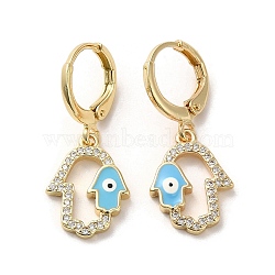 Hamsa Hand with Evil Eye Real 18K Gold Plated Brass Dangle Leverback Earrings, with Enamel & Cubic Zirconia, Sky Blue, 28.5~29x12mm(EJEW-Q797-22G-02)