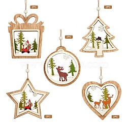 10Pcs 5 Style Wooden Hanging Ornaments, with Jute Twine, for Party Gift Home Decoration, Mixed Shapes, Christmas Theme, BurlyWood, 20cm, 2pcs/style(sgWOOD-SZ0004-04)