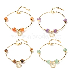 4Pcs 4 Style Brass Coin Charm Bracelets Set with Natural Mixed Gemstone Beads for Women, Inner Diameter: 2-1/4 inch(5.8cm), 1Pc/style(BJEW-TA00116)