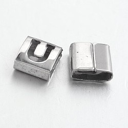 Tarnish Resistant Letter Style 201 Stainless Steel Square Slide Charms, Letter.U, 9x8x4mm, Hole: 8x3mm(STAS-L132-09)