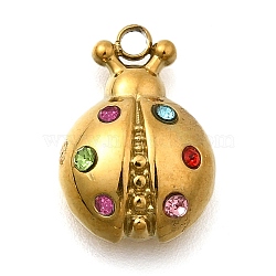 Ladybug 304 Stainless Steel Charms, with Rhinestone, Ion Plating(IP), Golden, 14.5x10.5x4.5mm, Hole: 1.6mm(STAS-H201-09G)