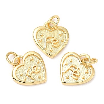 Rack Plating Brass Charms, Long-Lasting Plated, with Jump Ring, Lead Free & Cadmium Free, Heart with Word Fe Charm, Real 18K Gold Plated, 12.5x11.5x1.5mm, Hole: 3mm