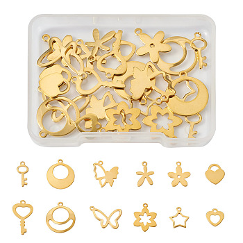 24Pcs 12 Style Stainless Steel Charms, Heart & Star & Flower, Golden, 12~20x9~20x0.8~1.2mm, Hole: 1.2~2.9mm, 2pcs/style