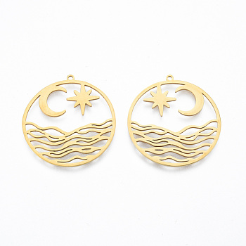 201 Stainless Steel Pendants, Flat Round with Star & Moon, Real 18K Gold Plated, 33x31x1mm, Hole: 1.4mm
