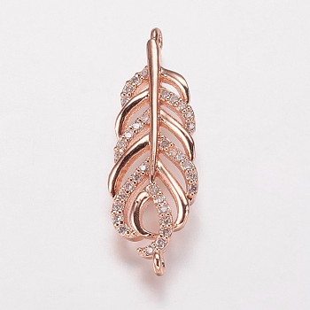 Brass Cubic Zirconia Links, Leaf, Clear, Rose Gold, 30.5x10x2.5mm, Hole: 1mm