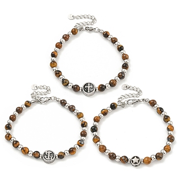 304 Stainless Steel & Natural Tiger Eye Round Beaded Bracelets for Women, Mixed Shapes, 7-5/8 inch(19.4cm)