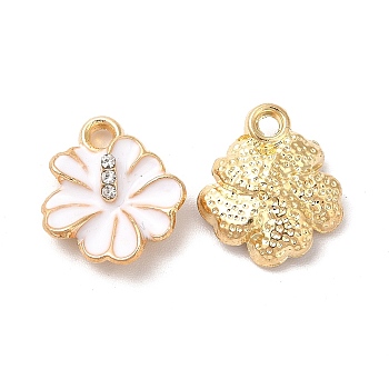 Alloy Enamel Charms, with Crystal Rhinestone, Cadmium Free & Nickel Free & Lead Free, Hibiscus Flower Charm, Light Gold, White, 14x12x4mm, Hole: 1.6mm
