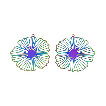 201 Stainless Steel Pendants, Etched Metal Embellishments, Flower, Rainbow Color, 35.5x33.5x0.3mm, Hole: 1.2mm
