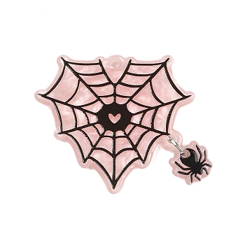 Halloween Theme Opaque Printed Acrylic Pendants, with Iron Jewelry, Spiderwebs, Pink, 34x38x1.8mm, Hole: 2.2mm