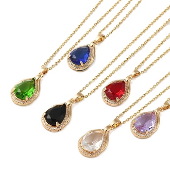 Brass Micro Pave Cubic Zirconia Pendant Necklaces,  Glass Jewelry for Women, 201 Stainless Steel Cable Chain Necklaces, Mixed Color, 16.14 inch(41cm)