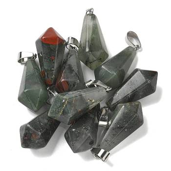 Natural African Bloodstone Pointed Pendants, Faceted Bullet Shape Charms with 201 Stainless Steel Snap on Bails, Stainless Steel Color, 27~30.5x13x13mm, Hole: 4x7mm