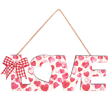 Valentine's Day Wooden Door Hanging Decorations with Hemp Rope, Word LOVE with Heart Pattern Front Door Signs, Cerise, 245mm