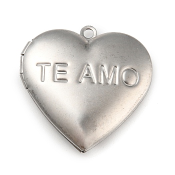 304 Stainless Steel Locket Pendants, Photo Frame Charms for Necklaces, Heart Charm, Stainless Steel Color, Word Te Amo, 29x29x7.5mm, Hole: 2mm