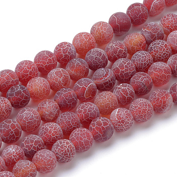 Natural & Dyed Crackle Agate Bead Strands, Frosted Style, Round, Dark Red, 10mm, Hole: 1.2mm, about 37~40pcs/strand, 14.9~15.1 inch(38~38.5cm)