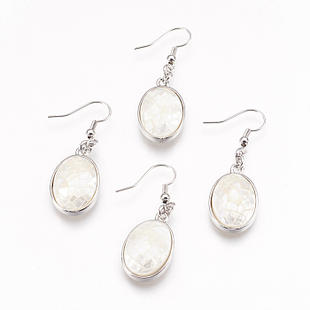 Natural White Shell Dangle Earrings, with Platinum Tone Brass Findings, Oval, White, 45mm, Pin: 0.7mm