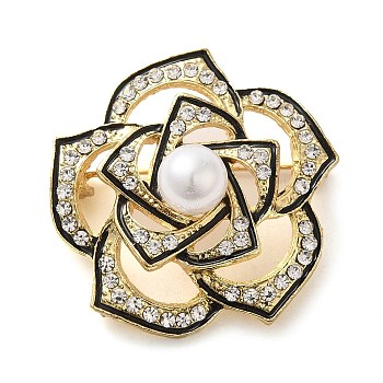 Camellia Flower Plastic Pearl Enamel Pins, Alloy Badge with Crystal Rhinestone for Women, Golden, 33x33x10.5mm
