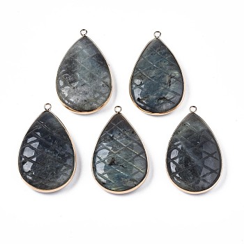 Natural Labradorite Pendants, with Light Gold Plated Brass Findings, Teardrop, 50~51x31~31.5x10mm, Hole: 2mm