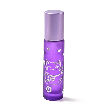 Glass Essential Oil Roller Bottles, with Lid and Stainless Steel Roller Balls, Refillable Bottles, Column with Fortune Cat Pattern & Chinese Character, Medium Purple, 2x8.6cm, Hole: 9.5mm, Capacity: 10ml(0.34fl. oz)