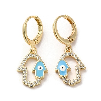 Hamsa Hand with Evil Eye Real 18K Gold Plated Brass Dangle Leverback Earrings, with Enamel & Cubic Zirconia, Sky Blue, 28.5~29x12mm