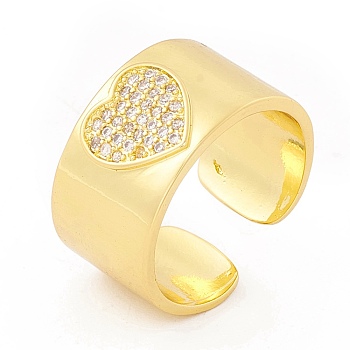 Clear Cubic Zirconia Heart Chunky Open Cuff Ring, Brass Jewelry for Women, Cadmium Free & Lead Free, Real 18K Gold Plated, US Size 6 1/2(16.9mm)